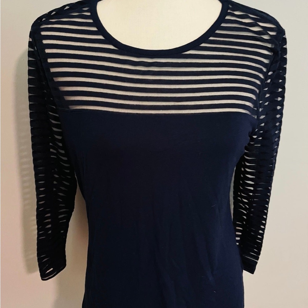 New York & Company Navy Striped Sheer Womens Top Size medium